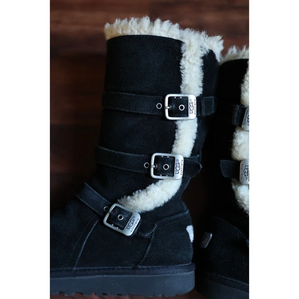 UGG Youth 4 Maddi II Casual Shearling Winter Boots Buckle Black Suede 1102529